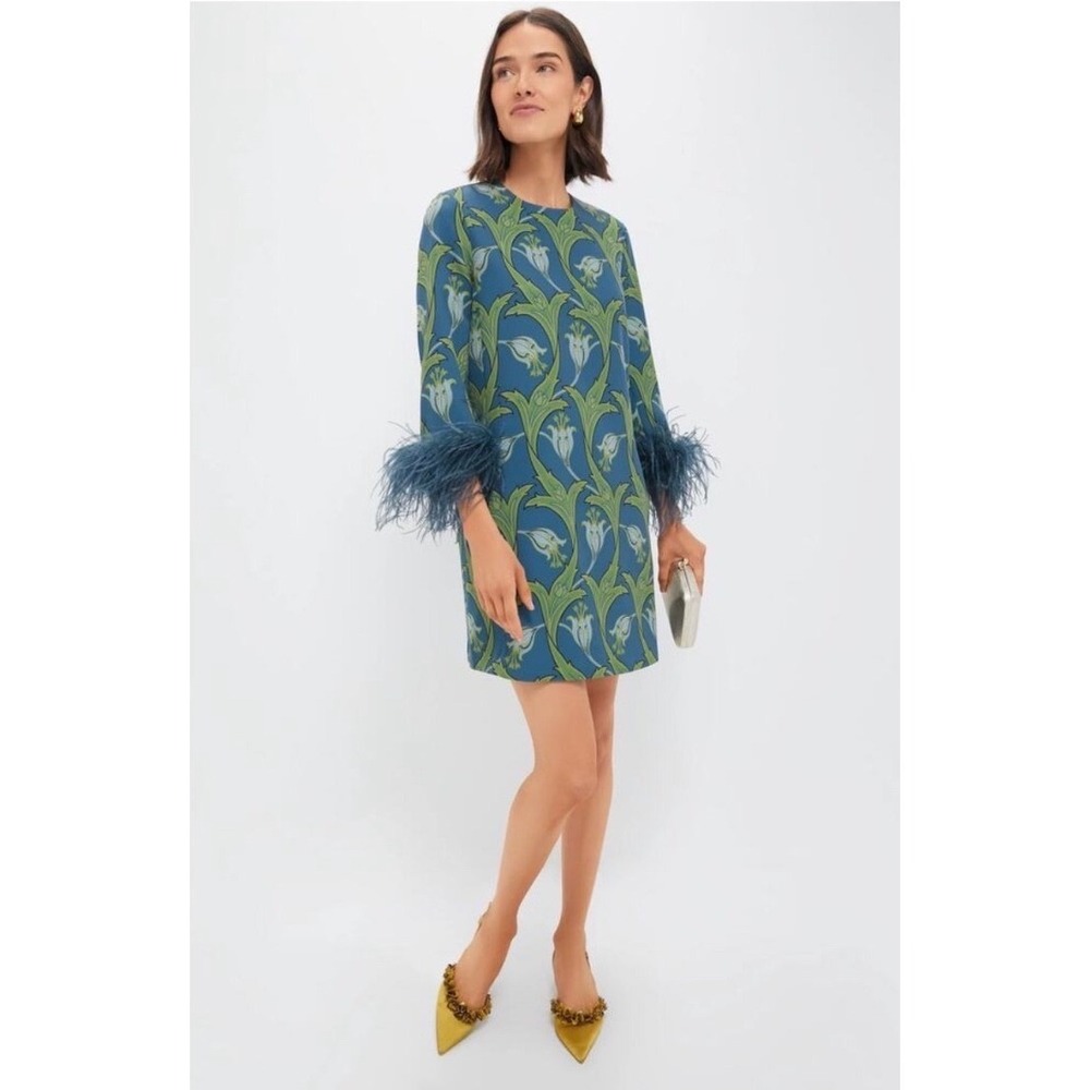 Tuckernuck Mary Deco Floral Feather Mod Mini Blue Green Dress 2X